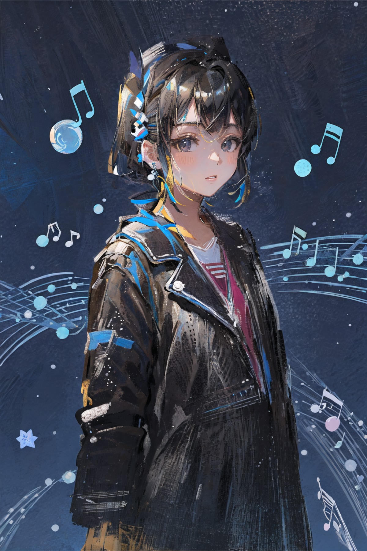 masterpiece,best quality,1girl,looking at viewer,starry <lora:ML:1>,jacket,azure_theme,musical note,